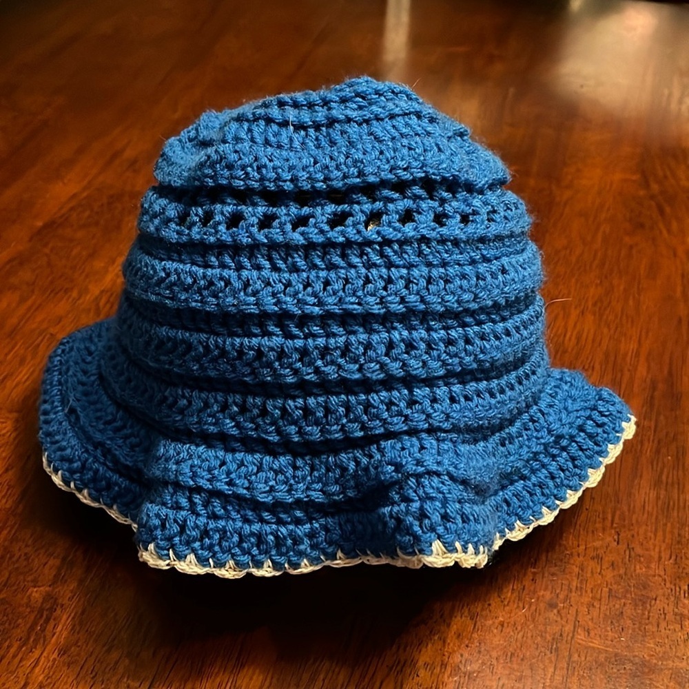 Handmade crochet bucket hat blue with white trim
